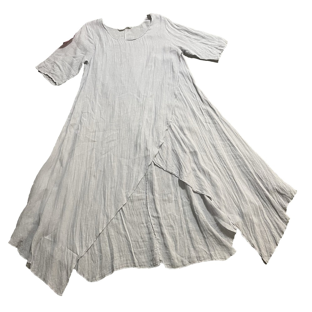 LUNA LUZ Dress Sz M Lavender 100%‎ Linen Lagenlook Faux Wrap Asymmetrical Hi-Low